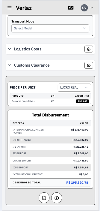 Mobile quote — price per unit and total disbursement